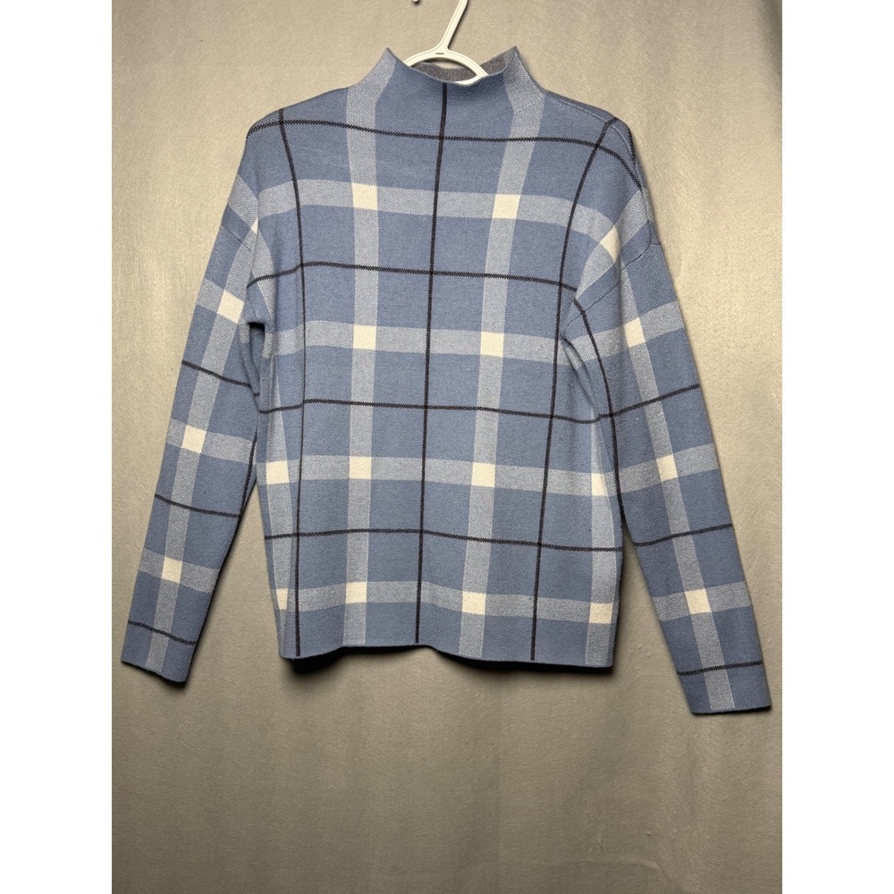 Jones New York JNY Womens Blue Plaid Mock Neck Sweater Size Medium Long Sleeve